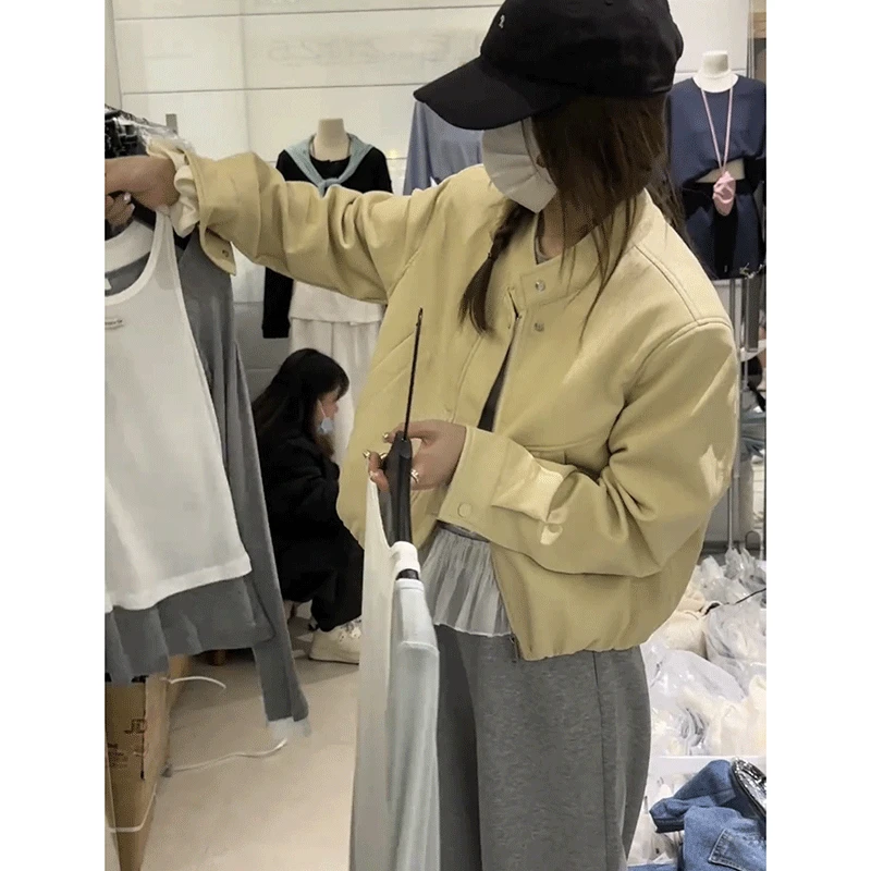 欧货高级感黄色立领PU皮衣外套女2025春季新小众短款拉链夹克上衣