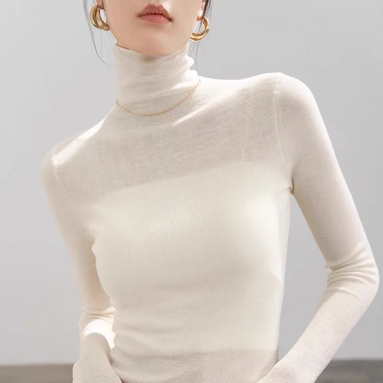 真18针！精纺扬子纱100%羊毛衫女堆堆领毛衣薄款紧身针织打底衫