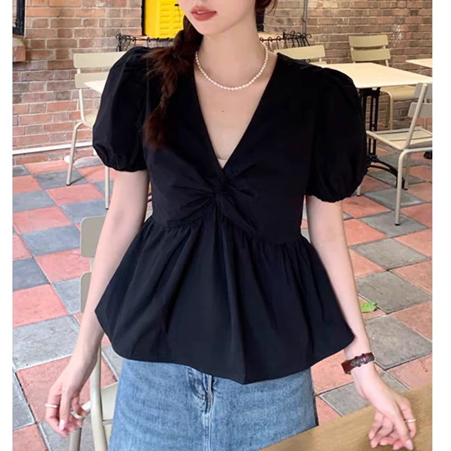 衣源89899#2025年夏季新款泡泡袖V领显瘦短袖衬衫上衣(长约55）