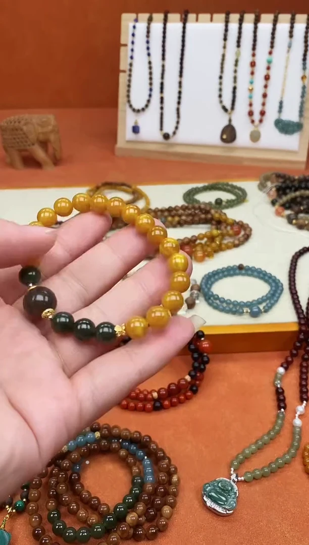 手链蜜蜡未镶嵌单圈蜜蜡和田菠菜绿手串