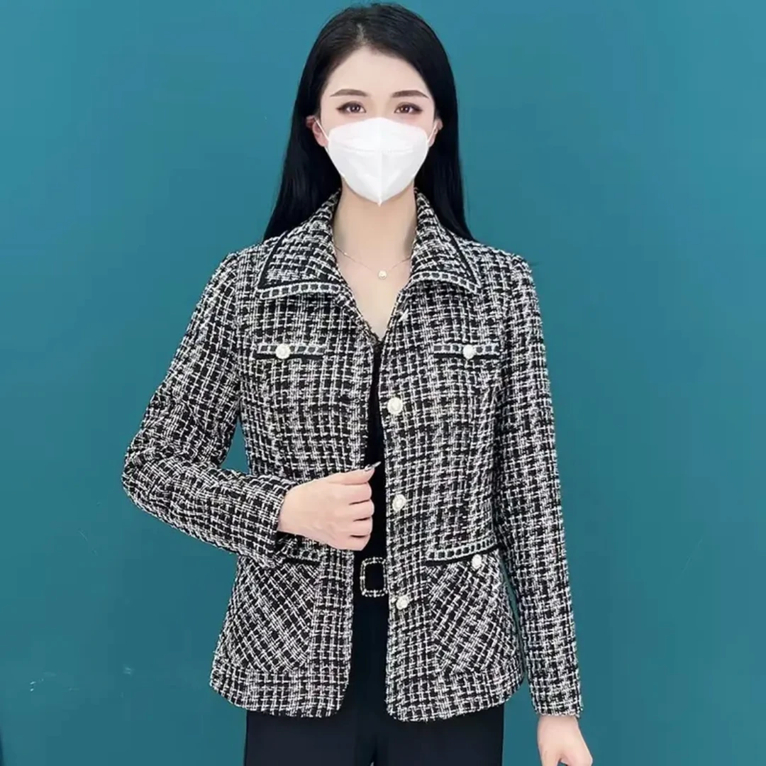 【高品质】中年妈妈春装小香风短款外套洋气时尚百搭千鸟格上衣女