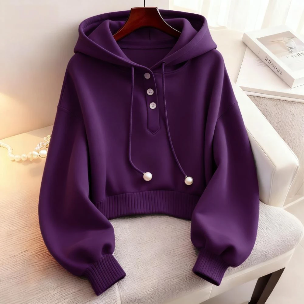 2025新款慵懒风抽绳连帽卫衣女秋冬季穿搭高级感时尚百搭外套上衣