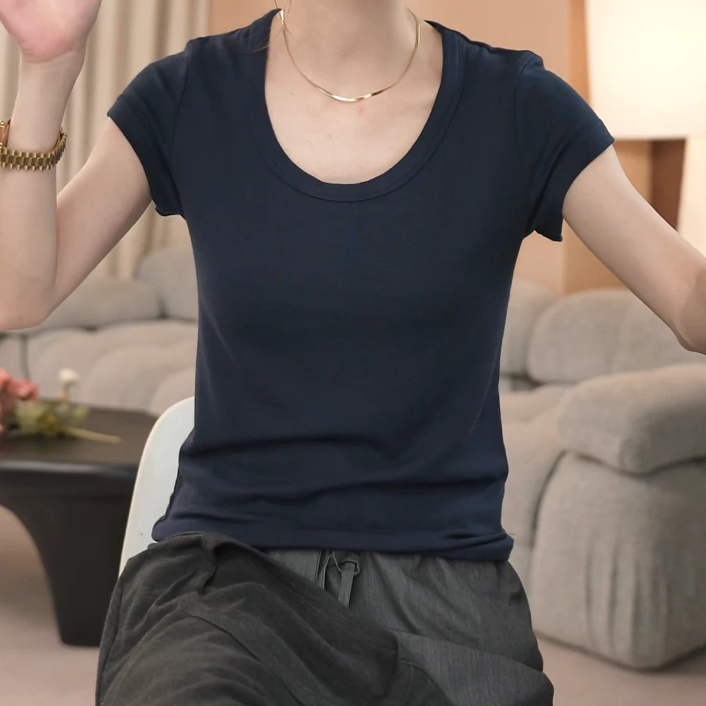 U领小飞袖设计感气质t恤女2025夏季新款修身显瘦短袖上衣薄款