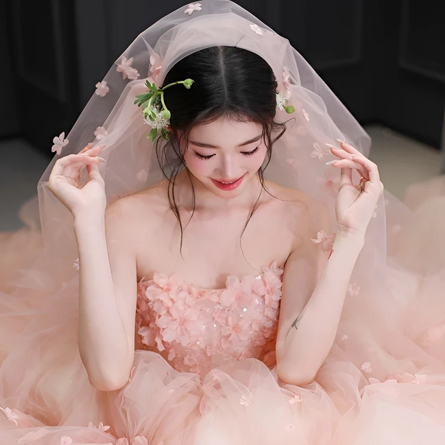 粉色花神头纱晚礼服裙宴会气质高端轻奢小众绝美高级感公主风头纱