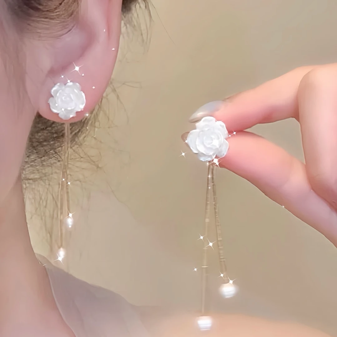铜合金耳饰 山茶花流苏珠珠耳钉小众设计高级感轻奢气质百搭耳饰