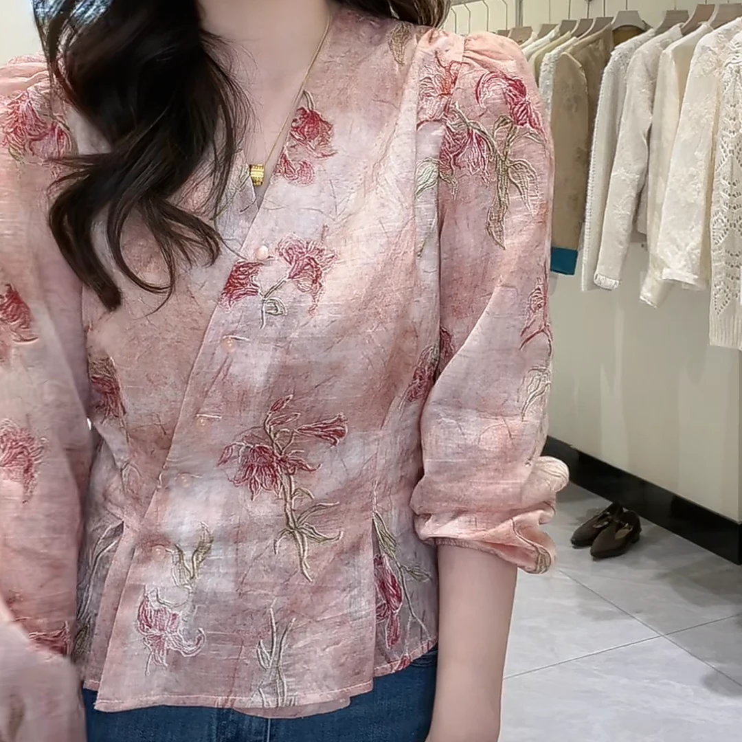 褶皱收腰斜襟单排扣碎花衬衫小衫2025新款春季设计感时尚长袖衬衣