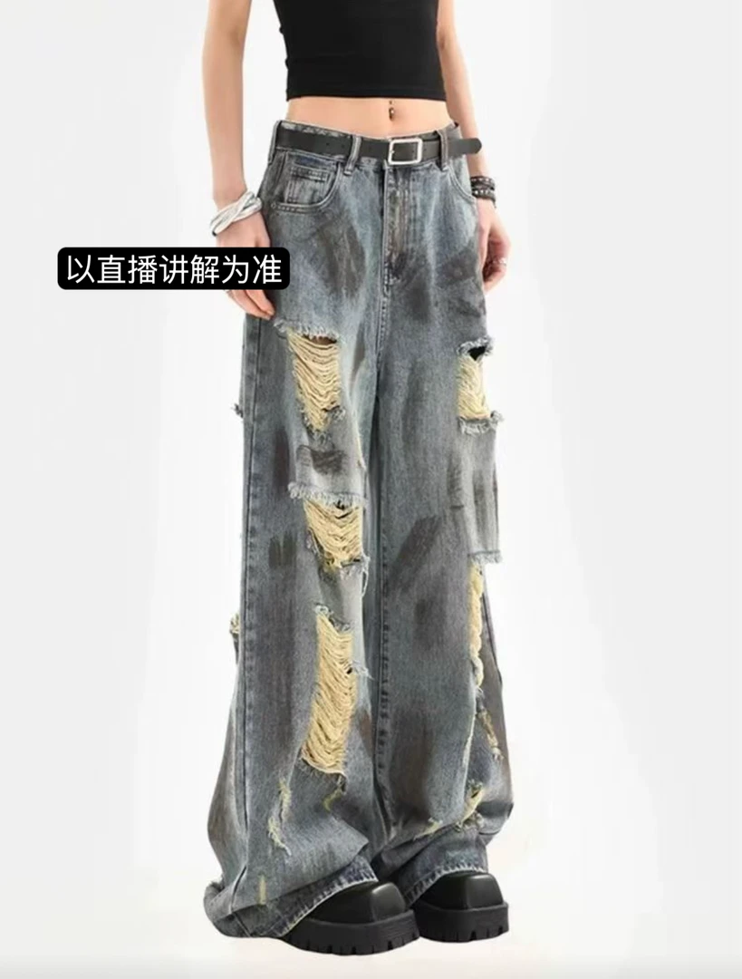 夏季复古高级街头风显瘦破洞阔腿牛仔裤