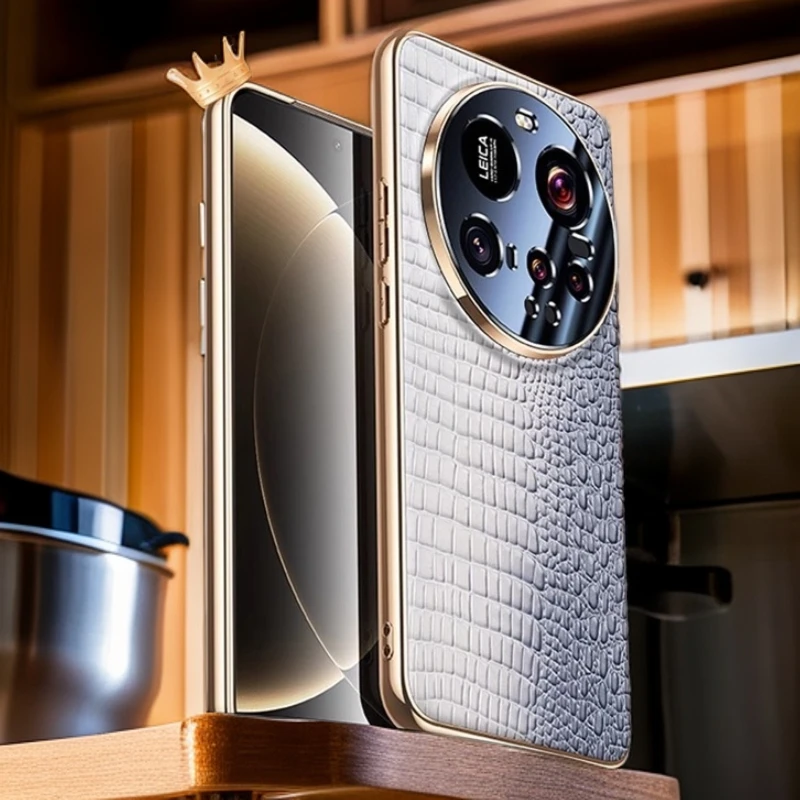 小米15Ultra电镀金边小鳄鱼纹真皮手机壳适用15Pro全包牛皮保护套