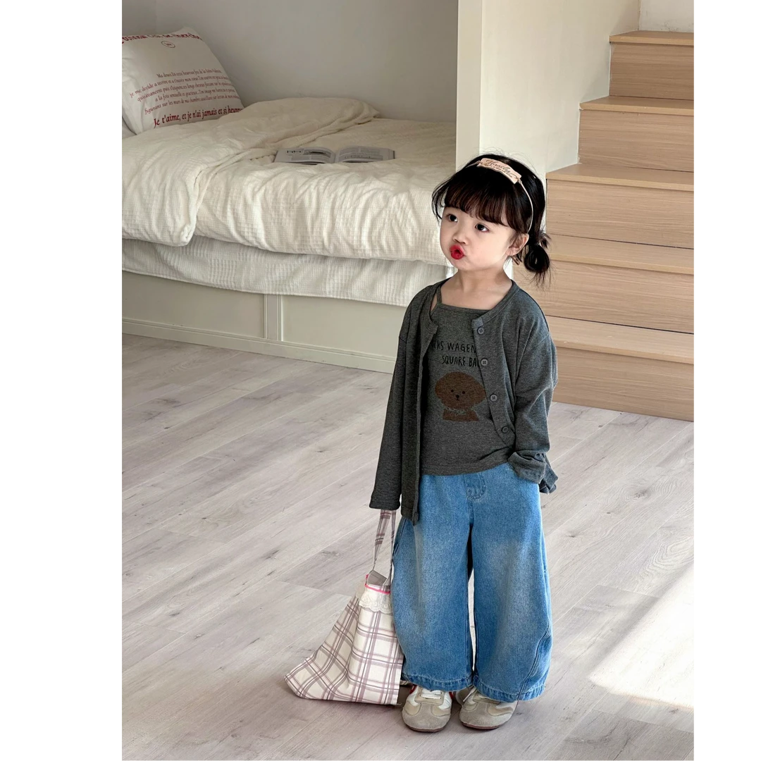 女童韩系开衫纯牛仔裤2025春季新品童装可爱小熊印花背心开衫外套