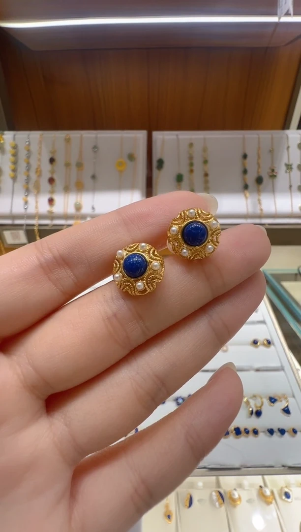 青金石银S925镶嵌耳饰@@C10540QJS