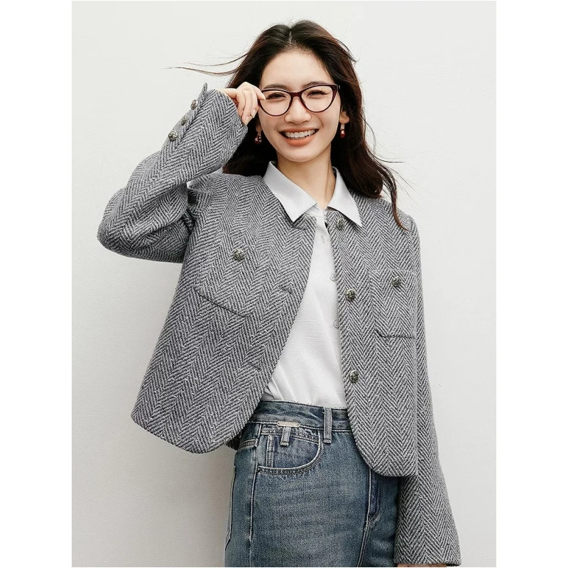 【36款】澳毛加厚加绒金银线编织箱型人字纹厚秋冬单排扣女款外套