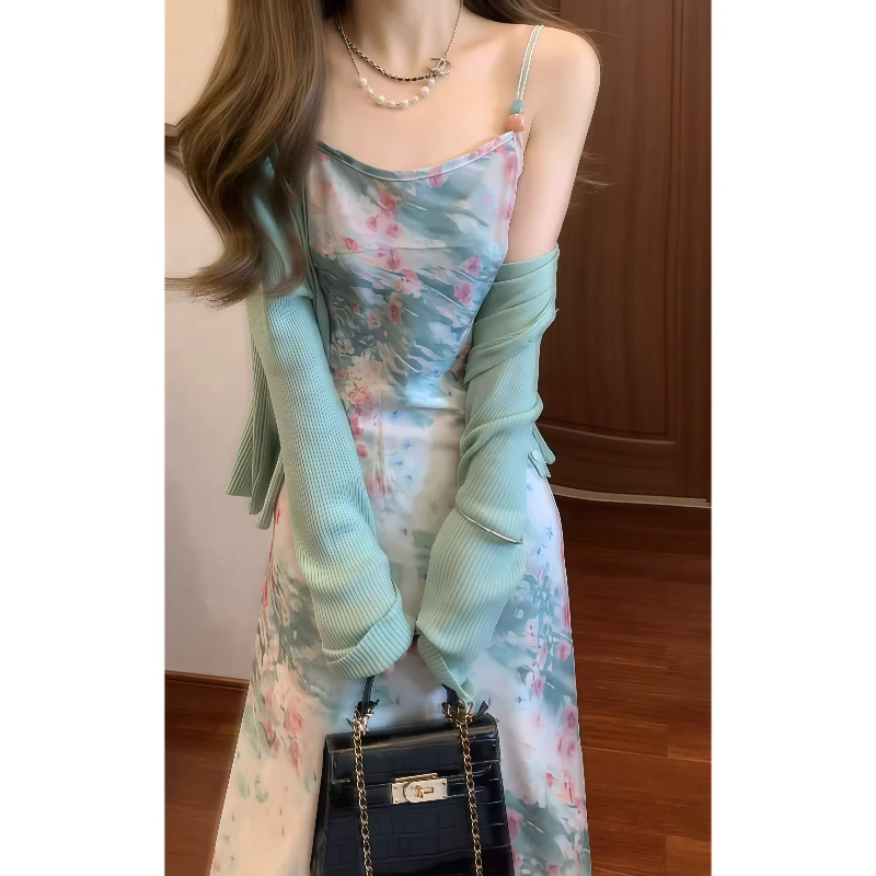 新中式清冷感晕染油画印花吊带连衣裙气质长裙&针织披肩外套9718
