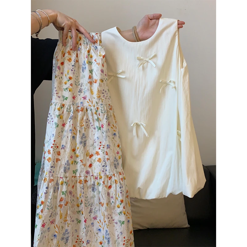蝴蝶结独特别致设计上衣女2025夏日穿搭高腰百搭碎花半身裙套装女
