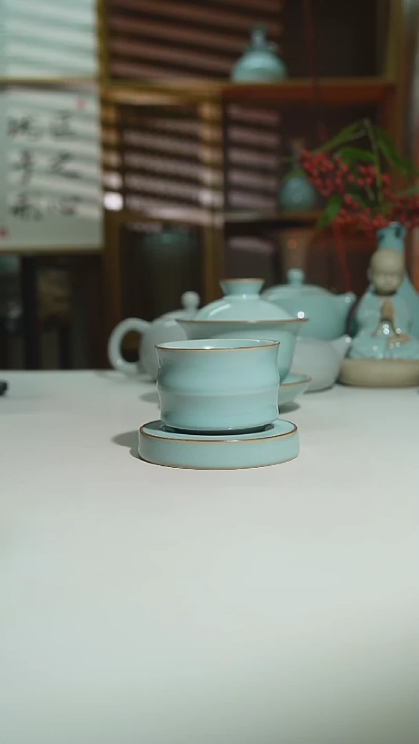 珑匠天青竹节杯加天青双线杯垫一级