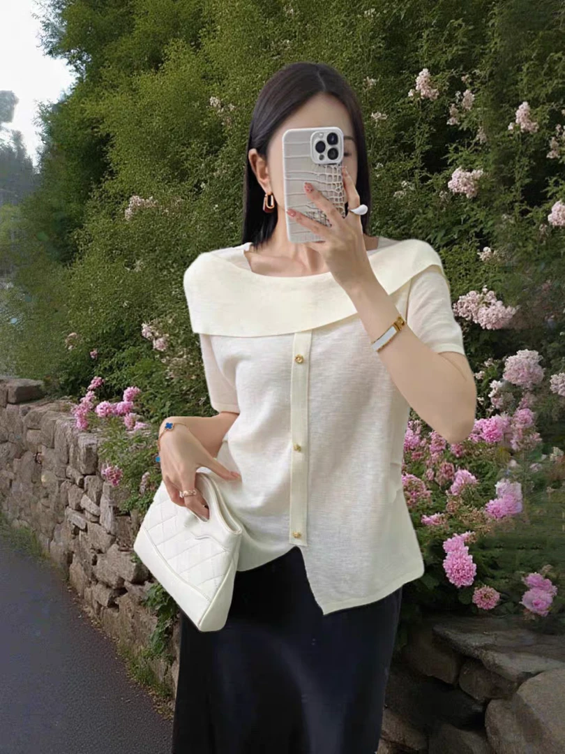 一字领荷叶边方领气质衫上衣