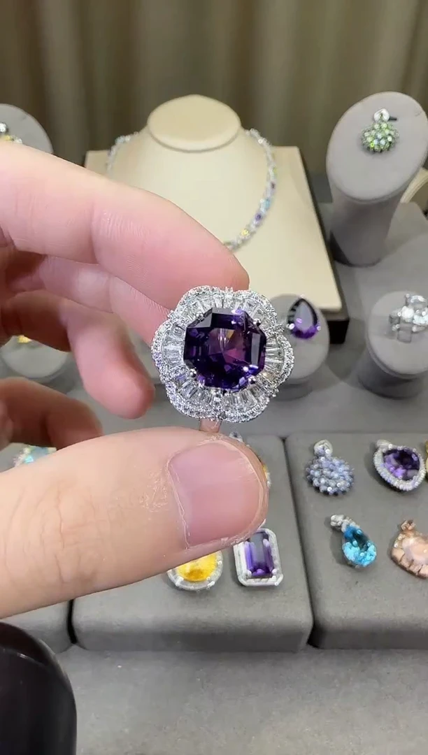 银S925镶嵌戒指紫晶10mm戒指帝王紫