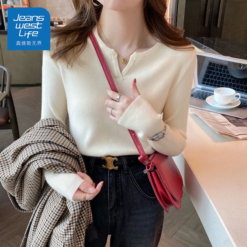 真维斯无界杏色小v领紧身长袖T恤显瘦气质洋气百搭上衣春秋设计感