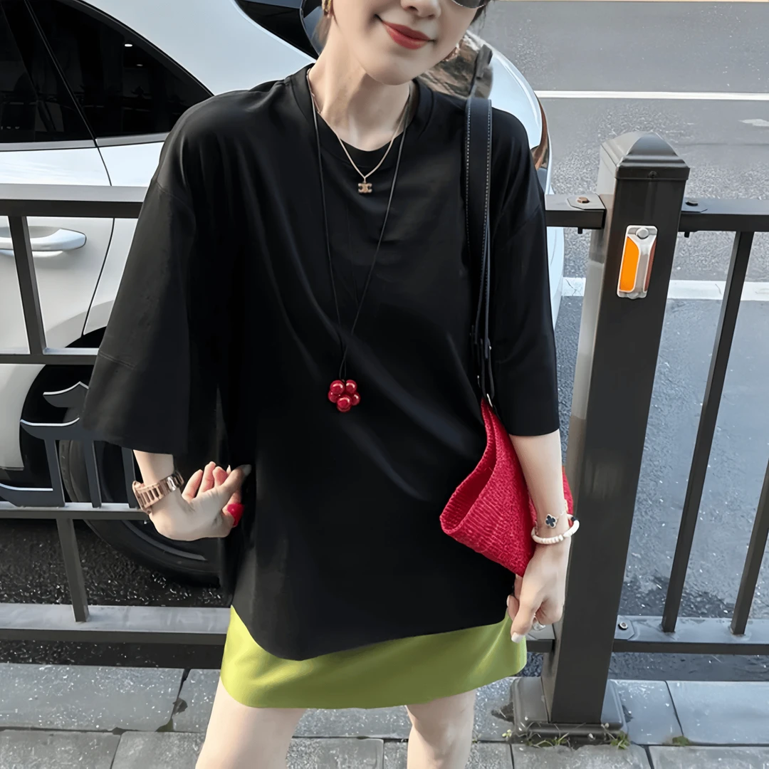 极简风显瘦百搭正肩T恤女2025夏季大码胖MM宽松纯色圆领短袖上衣