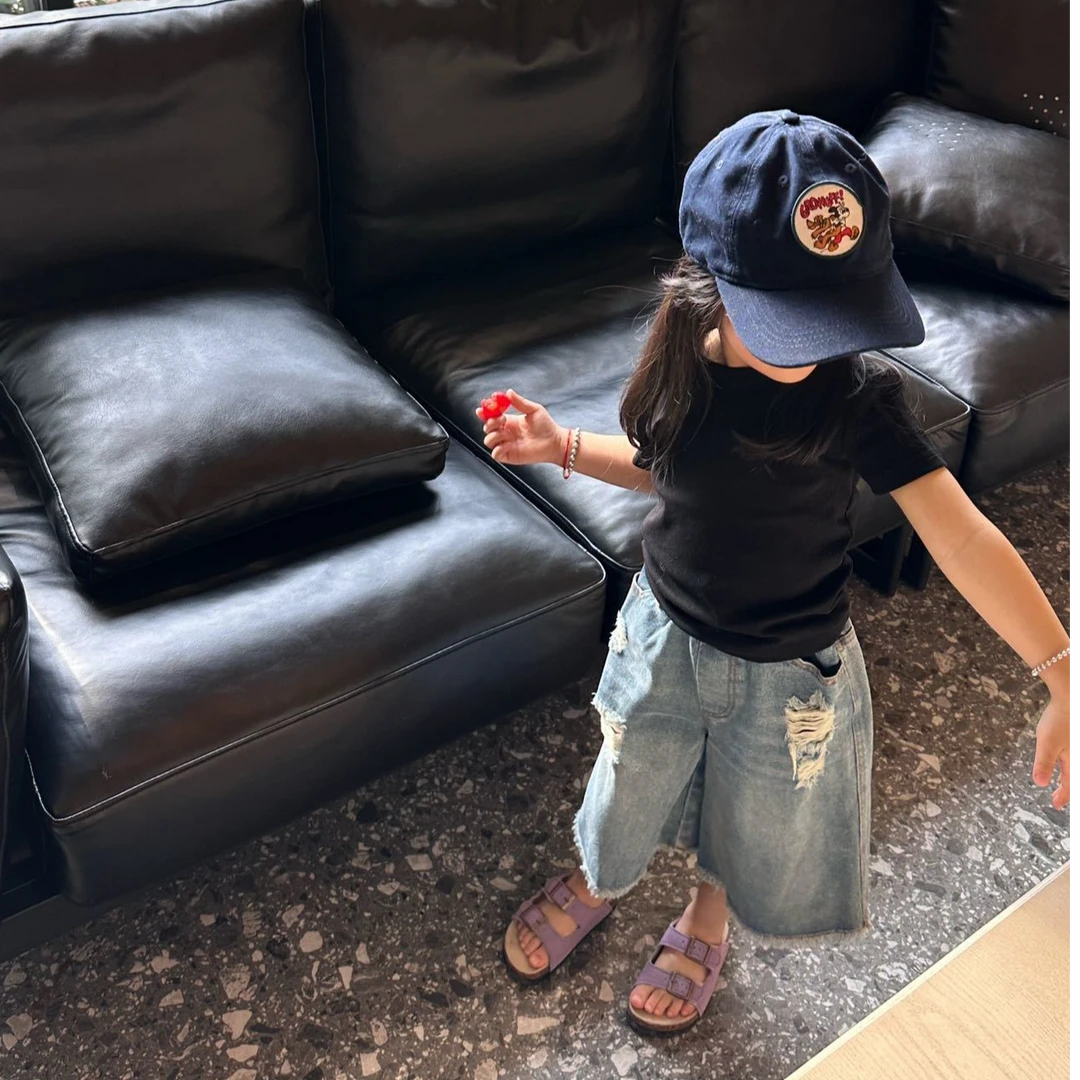 壹妈童装女童套装2025夏季新款帅气可爱活泼休闲黑色短袖牛仔裤