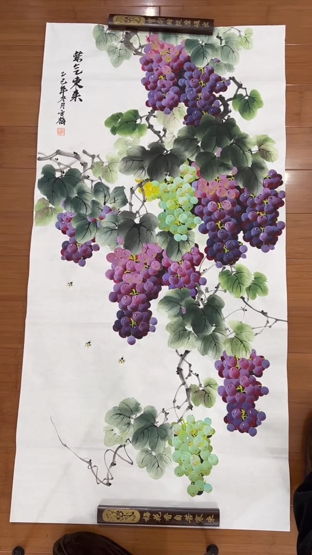 国画【福利，纯手工手绘】李雪梅葡萄竖版138*68厘米