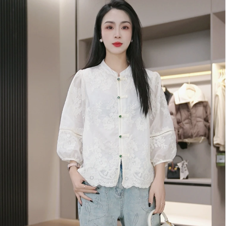 春夏衬衫纯色提花轻职风女装气质中国风上衣文艺公主袖新中式