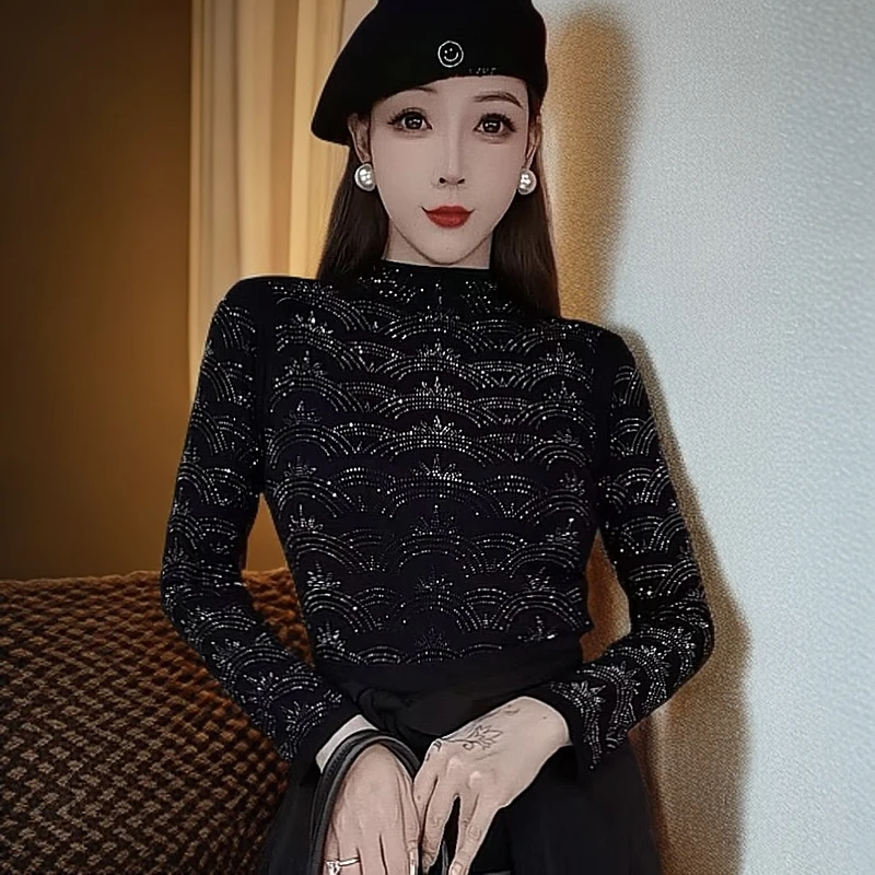 秋冬带钻（鱼鳞纹）百搭重工内搭长袖洋气衣服女半高领女装打底衫