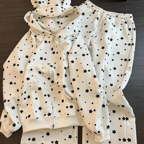 兔子耳朵连帽睡衣套装2025新款星星印花长袖长裤大码家居服两件套