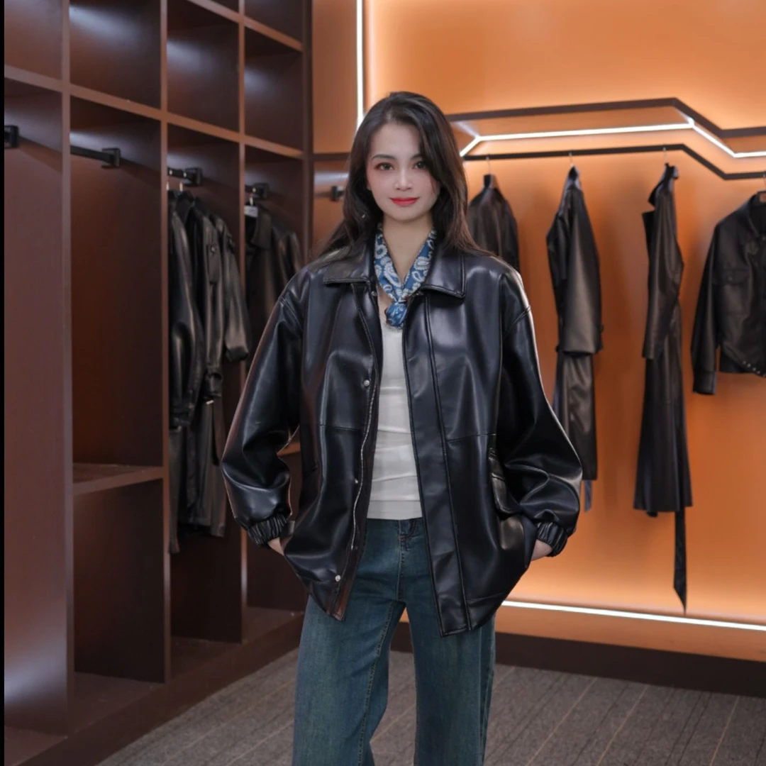 春季气场强大女装轻奢中长款皮衣网红时尚女士宽松韩版-2532