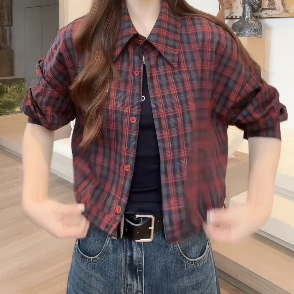 秋季气质复古小个子宽松知性文艺经典款格子衬衫外套C5818
