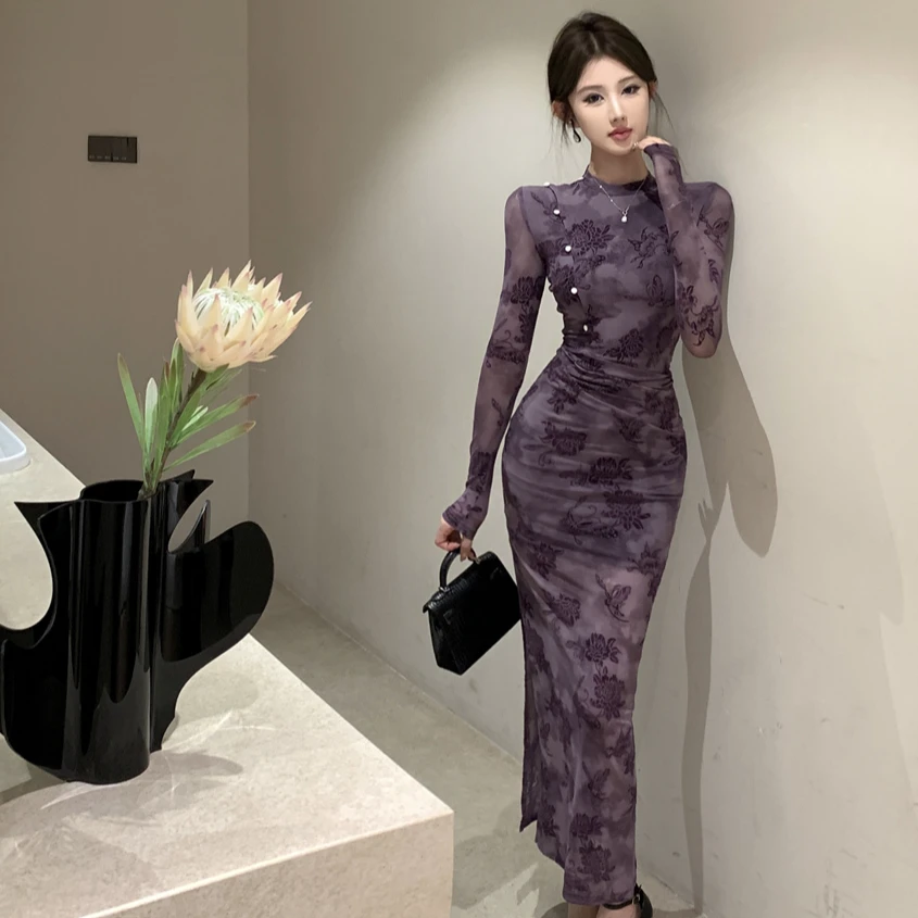 新中式国风情万种紫色植绒印花改良旗袍连衣裙气质名媛高级感礼服