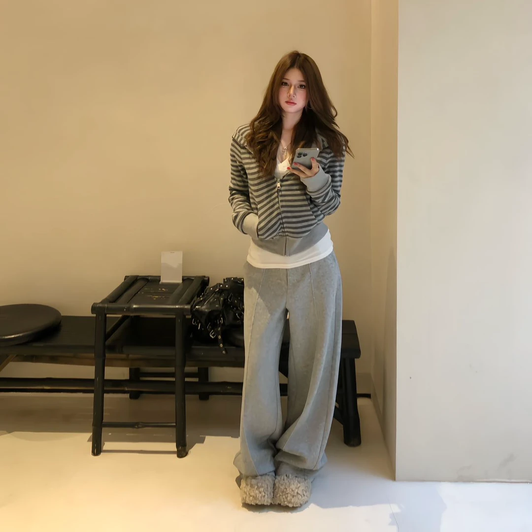 慵懒风连帽条纹长袖卫衣外套女2025秋季新款宽松休闲裤长裤两件套