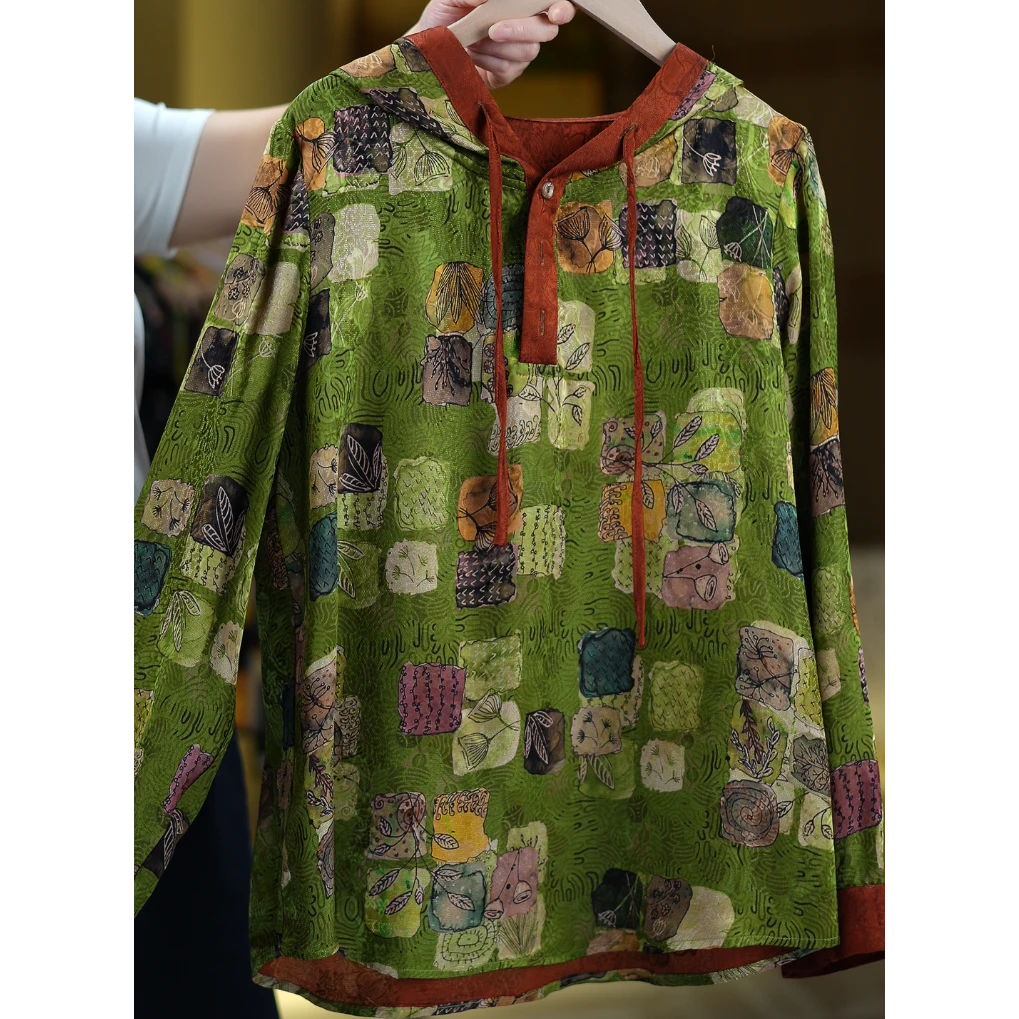 青柚《非遗美学》1118复古印花时尚减龄连帽上衣