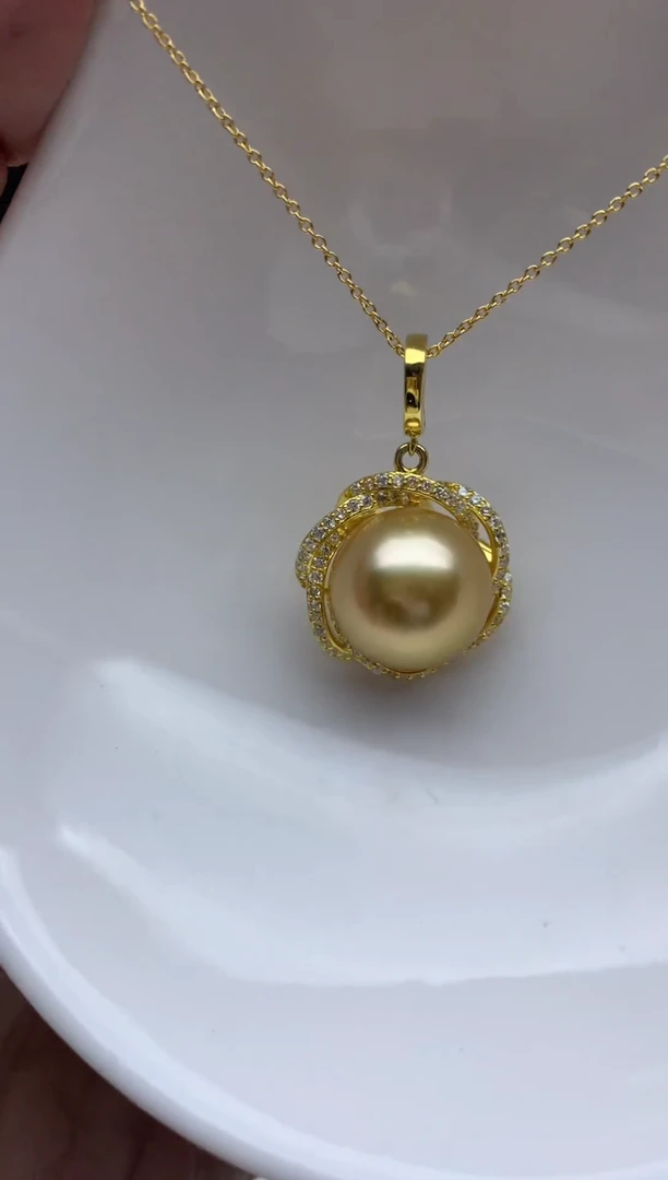 银S925镶嵌FF海水珍珠金珠吊坠(赠链）13-14mm