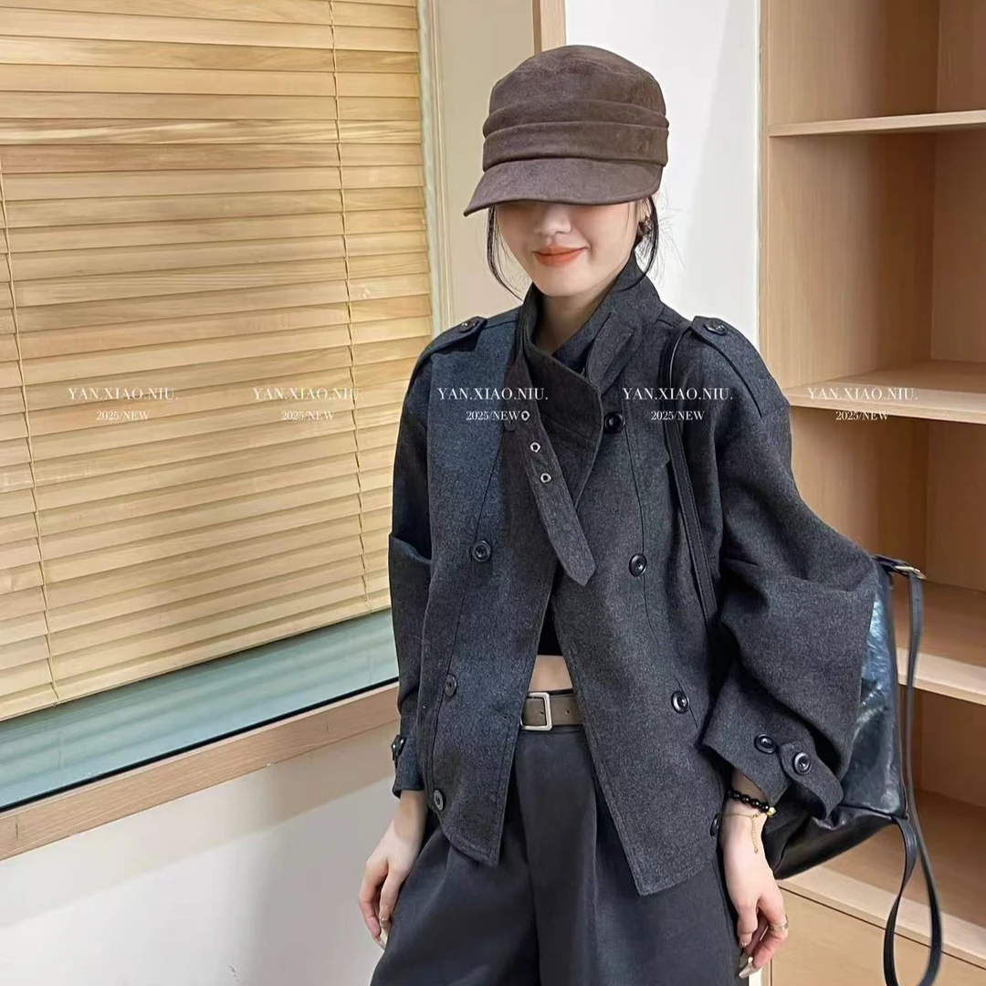 双排扣立领毛呢短款外套女2025秋季新款宽松小个子显瘦百搭上衣