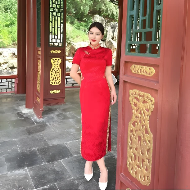 高端婚礼妈妈婚宴礼服连衣裙中长款醋酸缎喜红色婚礼妈妈礼服