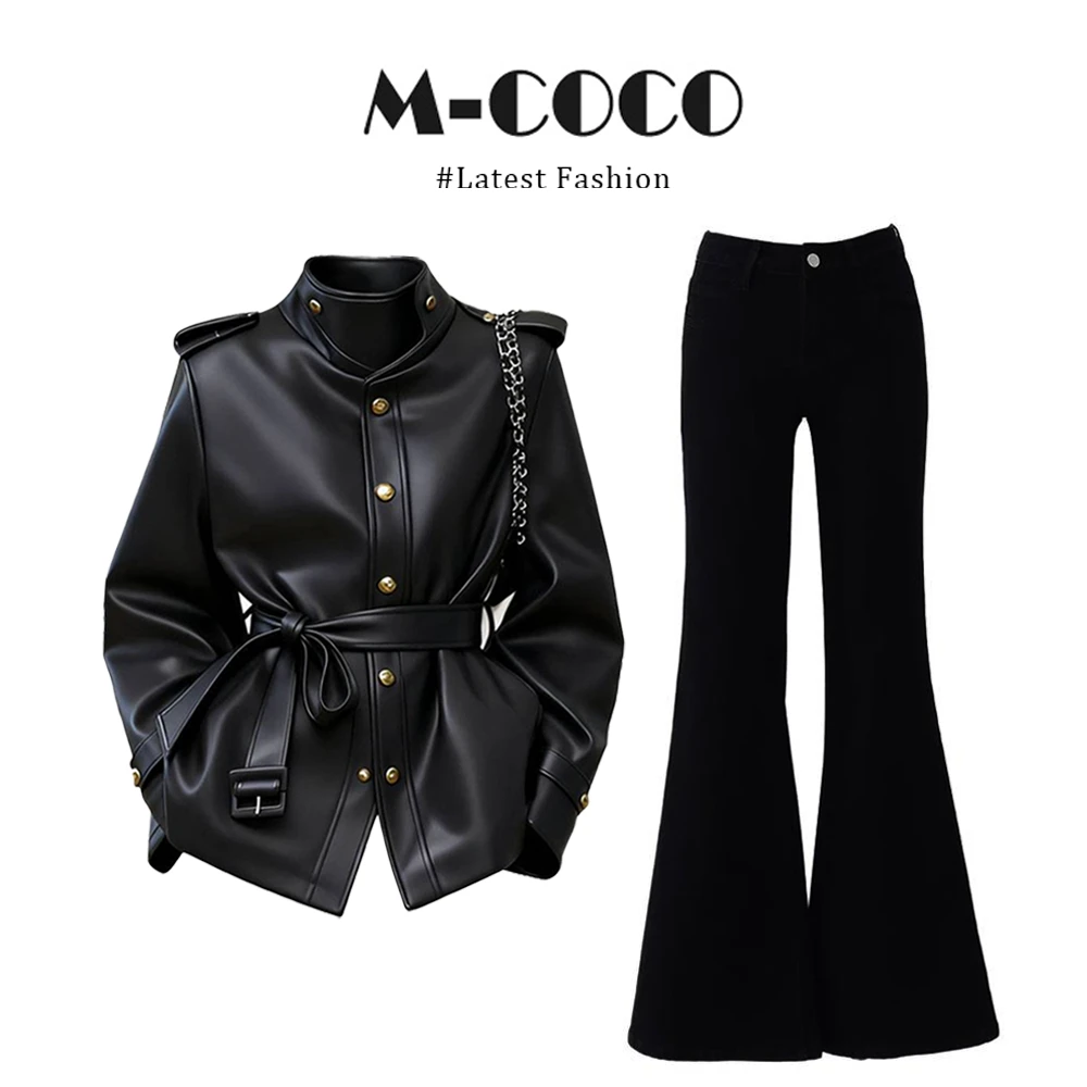 MARIE.COCO美式黑色酷飒风pu皮衣外套2025冬季显瘦微喇裤两件套