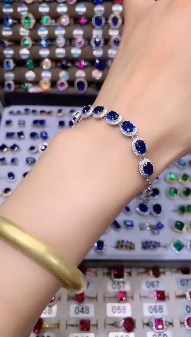 蓝宝石手链银S925镶嵌 银 色 链 条