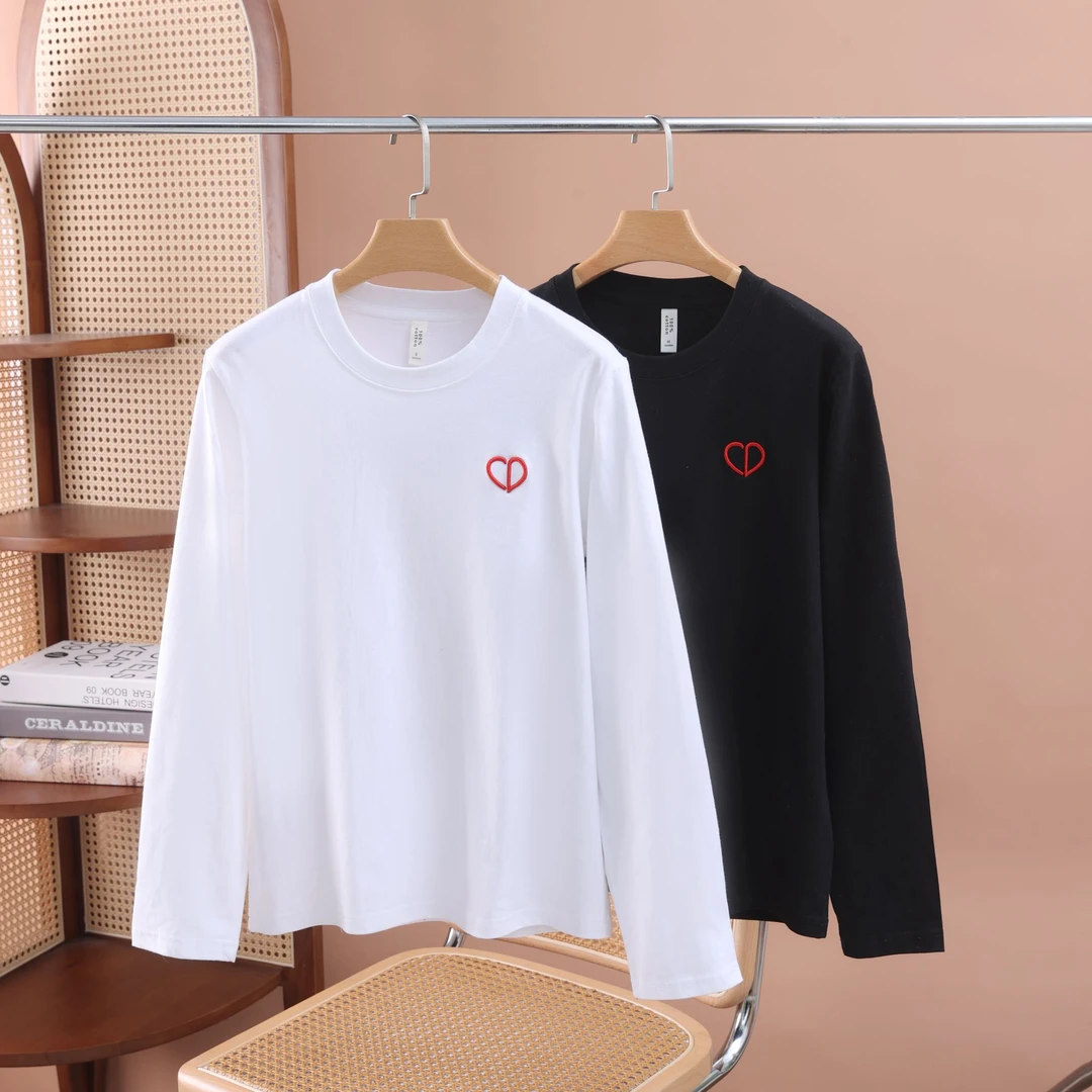 【100%纯棉】T长袖心形刺绣T恤极简风平肩款宽松百搭打底休闲风体恤