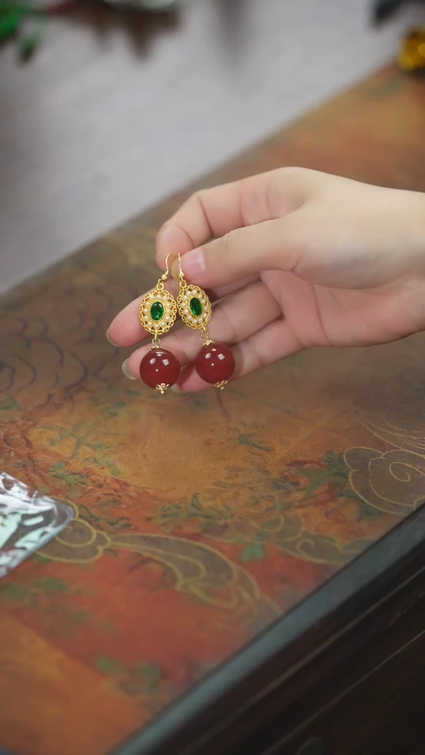 【闪购商品】玛瑙/玉髓耳环未镶嵌冰红太阳花