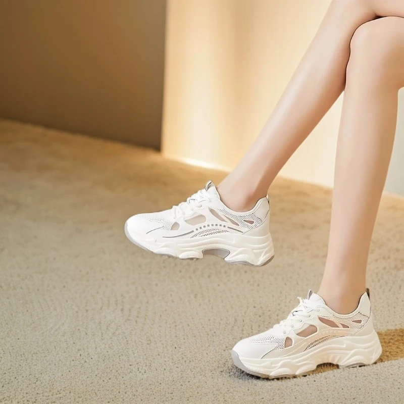 网面时尚休闲鞋夏季薄款透气ins中跟浅口休闲鞋