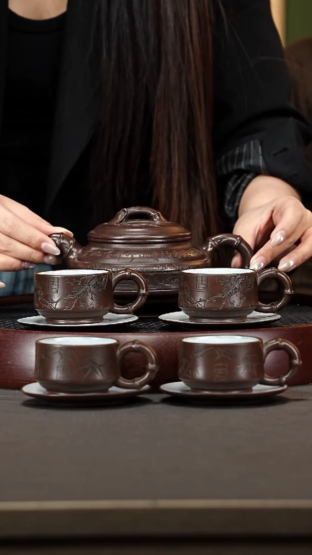 茶壶紫砂99ZWP双线竹鼓套组 老紫泥380cc