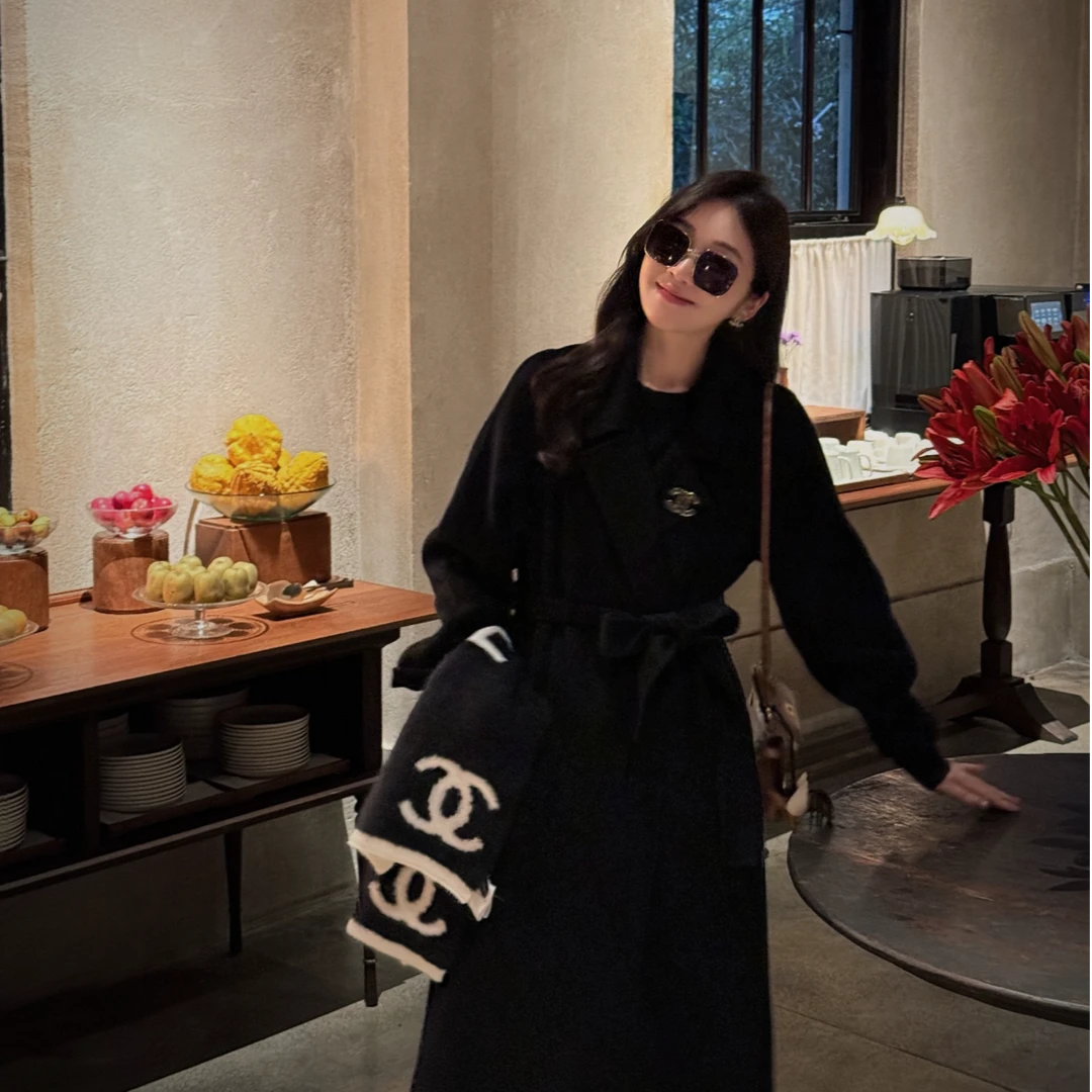 Syna希娜 海夜黑 高端设计感绵羊毛羊绒大衣