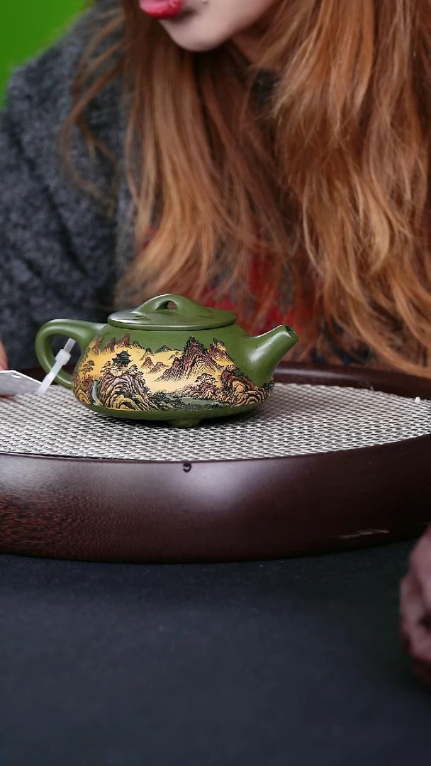 茶壶紫砂宜兴紫砂壶景舟绿泥粉浆山水