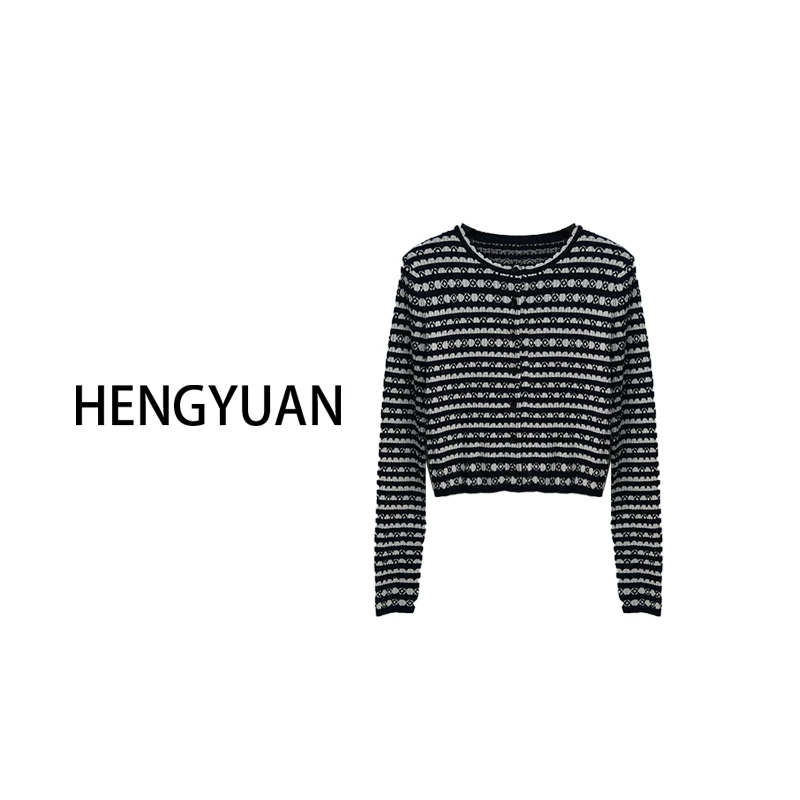 HEYU 条纹长袖秋季镂空薄款针织衫百搭设计师圆领-2379