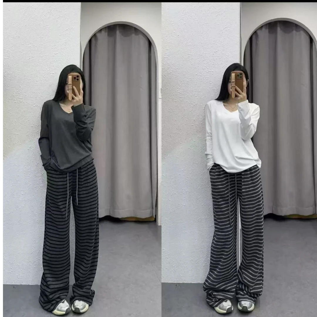 撞色细条纹阔腿裤 女春秋