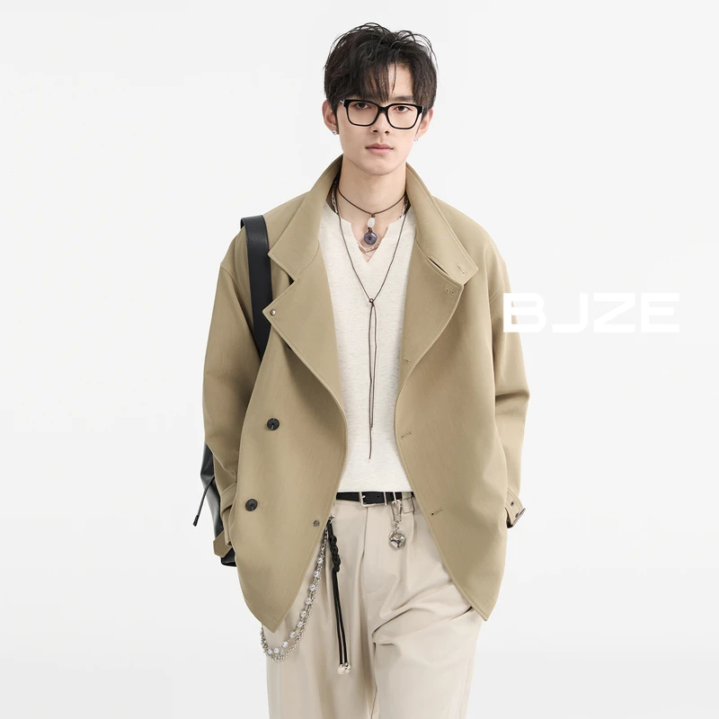 [大翻领双排扣]BJZE25春季cleanfit短款风衣宽松阔形外套D511066