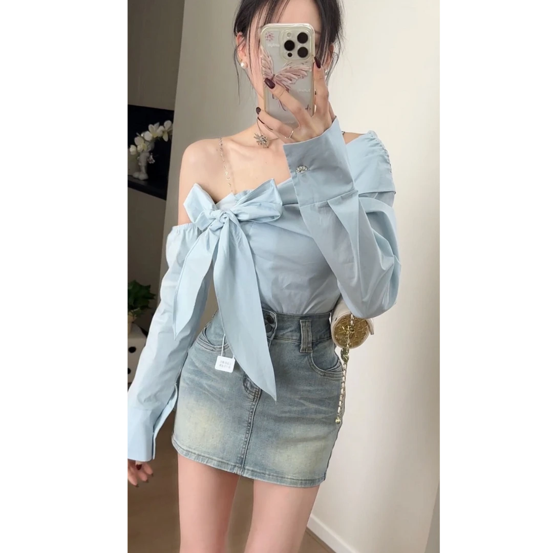 2025时尚新款早春季韩系慵懒蝴蝶结设计感显瘦上衣休闲牛仔短裙女