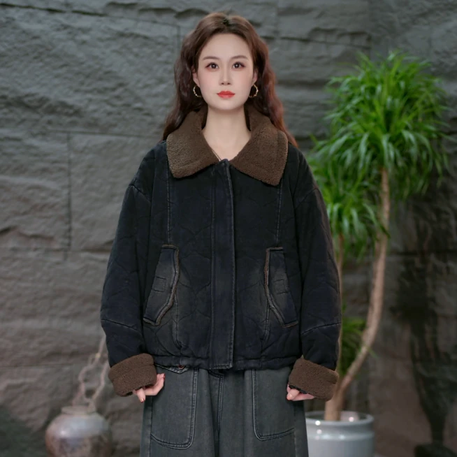 【女装加厚牛仔外套棉衣】黑色百搭冬季棉服宽松休闲保暖棉袄
