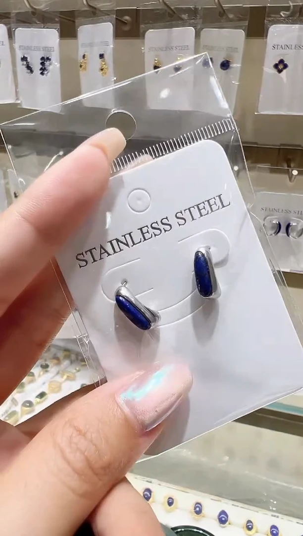 银S925镀金镶嵌青金石耳饰@@