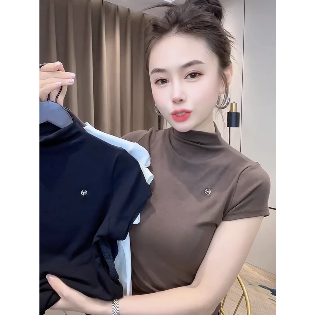 2025早秋新款气质设计感半高领短袖T恤女修身显瘦百搭洋气上衣潮
